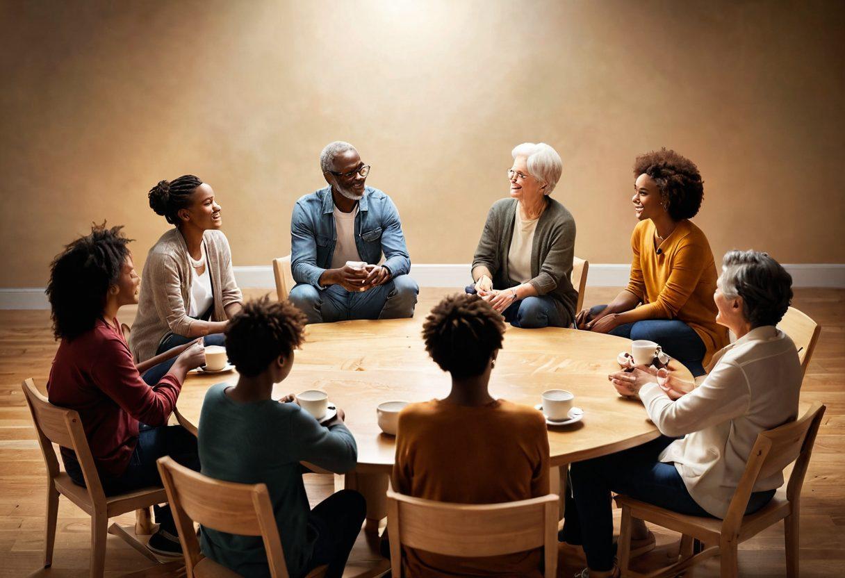 A warm, inviting scene depicting a diverse group of people of various ages and backgrounds sitting in a circle, sharing and supporting one another. Soft ambient lighting creates a sense of comfort, with supportive phrases on the walls, such as 'You are not alone'. Include elements like coffee cups and tissues to suggest a safe, informal atmosphere. The overall tone should exude positivity and connection. super-realistic. warm colors. soft focus.