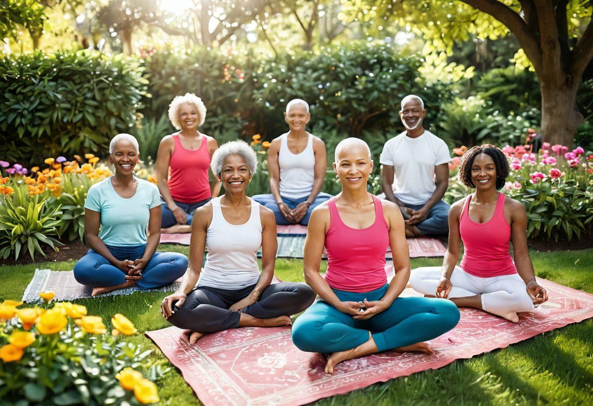A serene and hopeful scene showcasing a diverse group of cancer survivors, smiling and supporting each other in a vibrant garden filled with colorful flowers. Include elements of wellness like yoga mats, healthy food, and books on advocacy in the background, symbolizing strength and community. The sunlight filters through lush trees, creating a warm and inviting atmosphere. super-realistic. vibrant colors. soft focus.